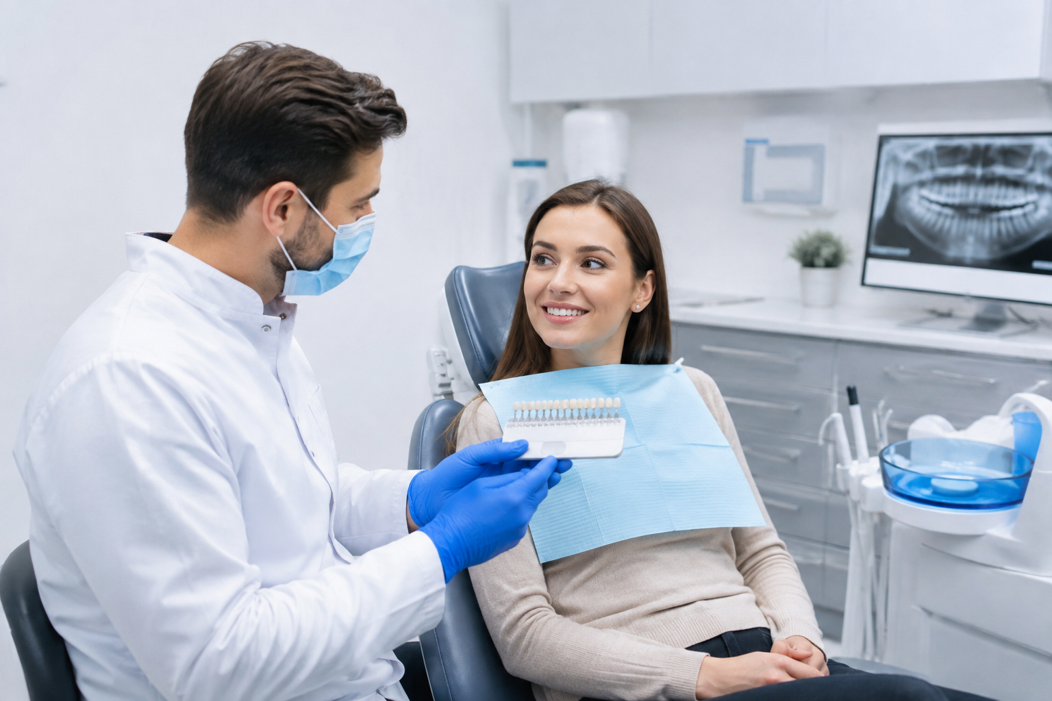 Dental professional conducting teeth whitening consultation showing shade guide comparison for color assessment